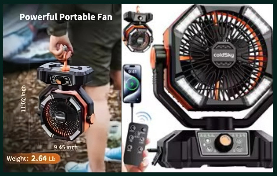 Portable Powerful Indoor – Outdoor Fan with LED Lantern! It's an 8 Speed With USB Recharge & Bluetooth Controlled! See the Video!