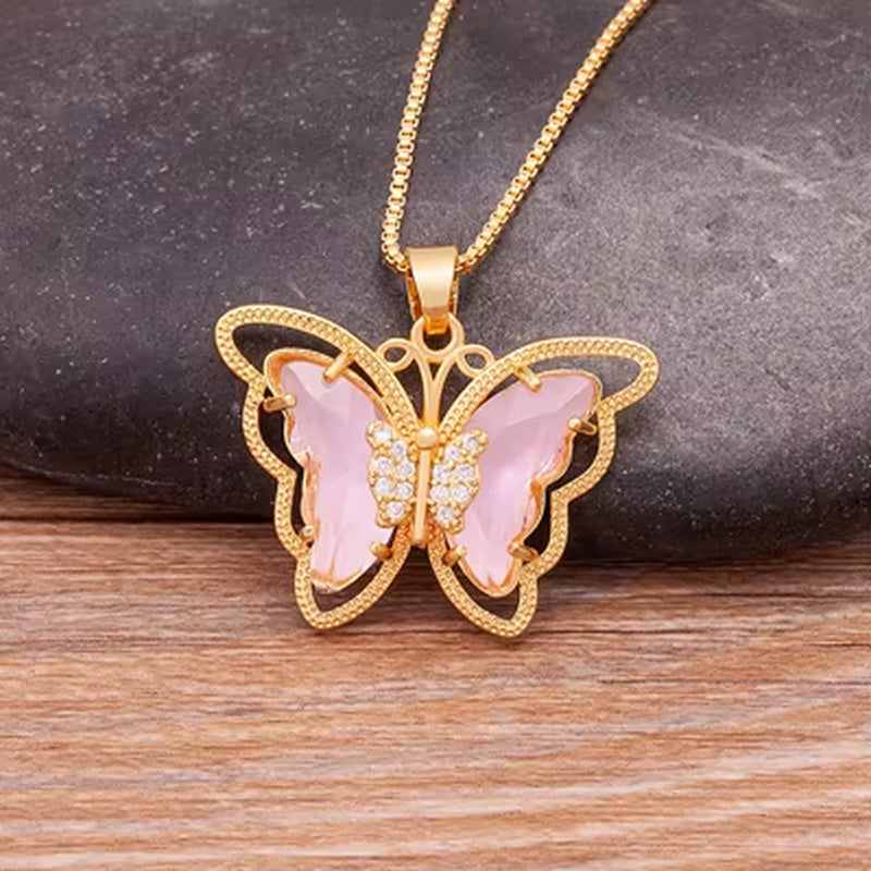Austrian Crystal Zircon Butterfly Pendant Necklace for Women - 10 Color Options, Elegant Animal Jewelry Gift