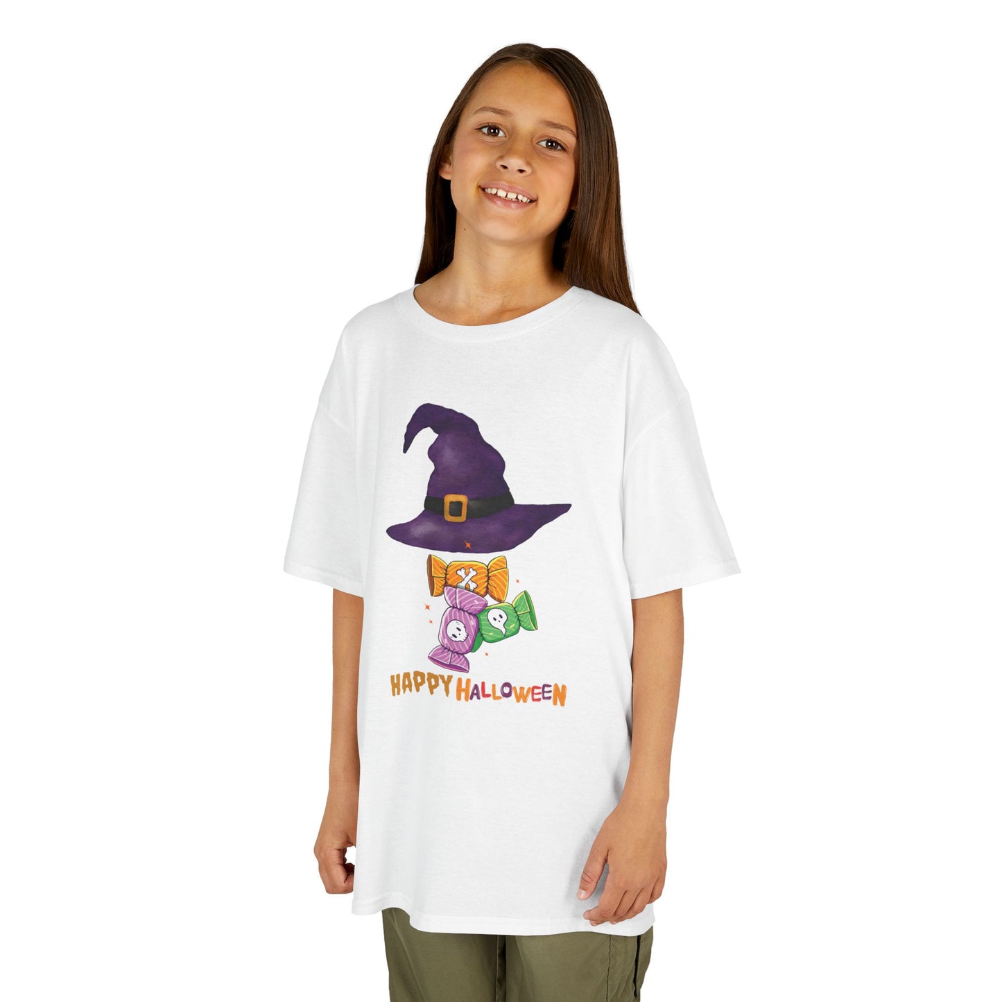 Kids - Cute "Happy Halloween" Witch & Candy T-Shirt