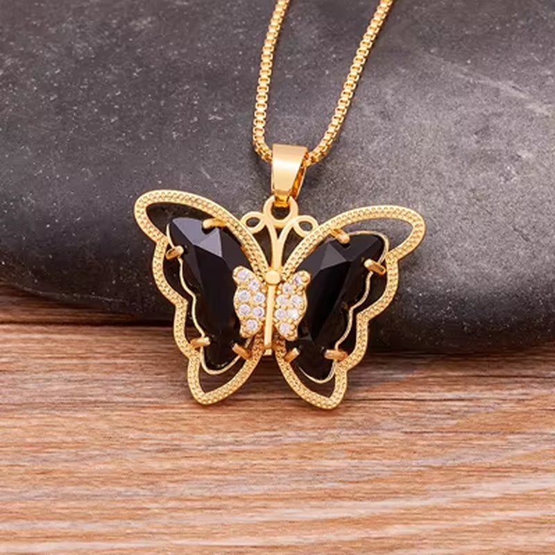 Austrian Crystal Zircon Butterfly Pendant Necklace for Women - 10 Color Options, Elegant Animal Jewelry Gift