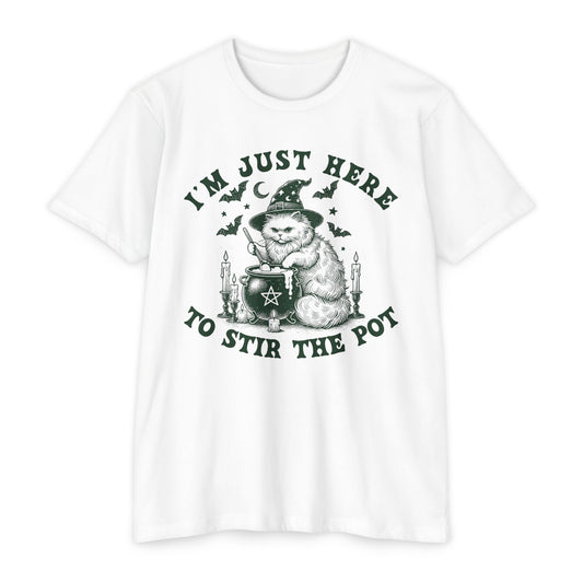 Funny Witchy Cat T-Shirt - "I'm Just Here to Stir the Pot"