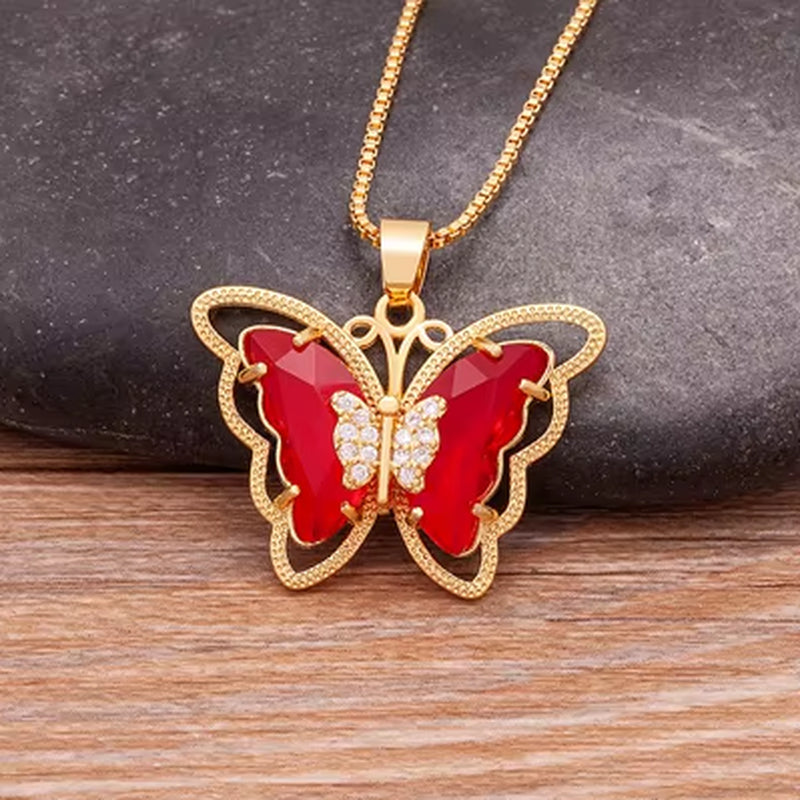 Austrian Crystal Zircon Butterfly Pendant Necklace for Women - 10 Color Options, Elegant Animal Jewelry Gift