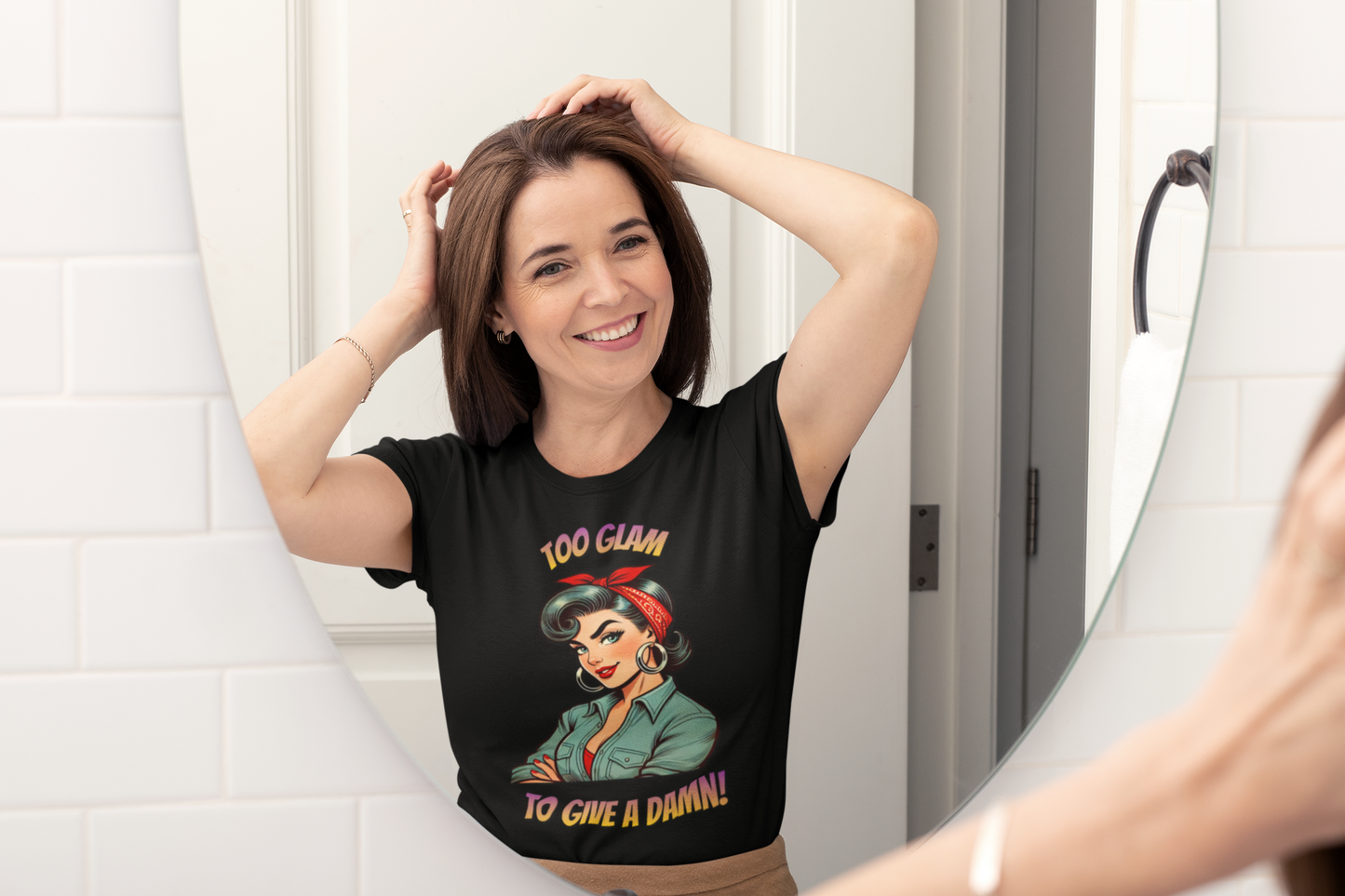Too Glam To Give A Damn | Rosie the Riveter Style T-Shirt | Retro Pin-Up Graphic Tee
