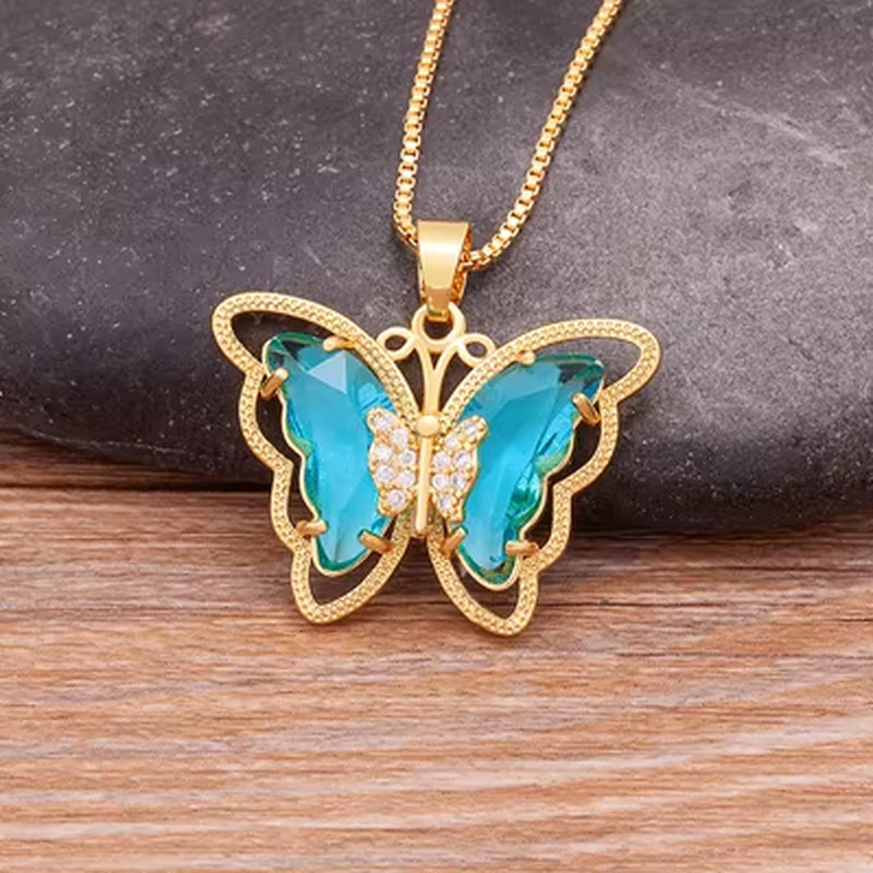 Austrian Crystal Zircon Butterfly Pendant Necklace for Women - 10 Color Options, Elegant Animal Jewelry Gift