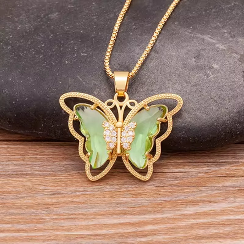 Austrian Crystal Zircon Butterfly Pendant Necklace for Women - 10 Color Options, Elegant Animal Jewelry Gift