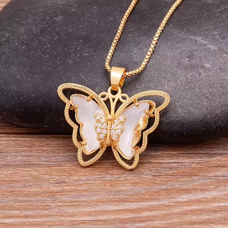 Austrian Crystal Zircon Butterfly Pendant Necklace for Women - 10 Color Options, Elegant Animal Jewelry Gift