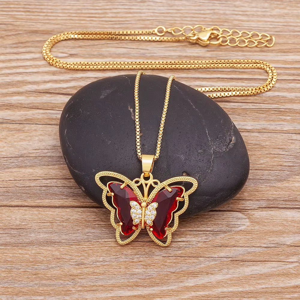 Austrian Crystal Zircon Butterfly Pendant Necklace for Women - 10 Color Options, Elegant Animal Jewelry Gift