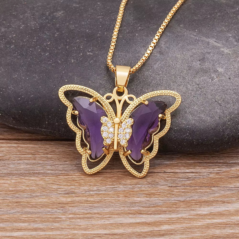 Austrian Crystal Zircon Butterfly Pendant Necklace for Women - 10 Color Options, Elegant Animal Jewelry Gift