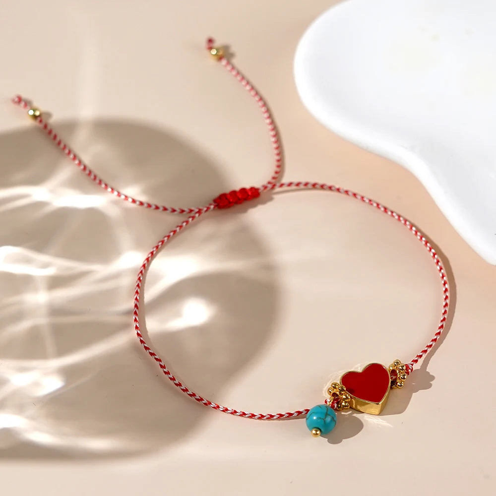 Martis Series Dainty Adjustable Bracelet with Turquoise & Metal Red Peach Heart Jewelry - A Perfect Gift for Her!