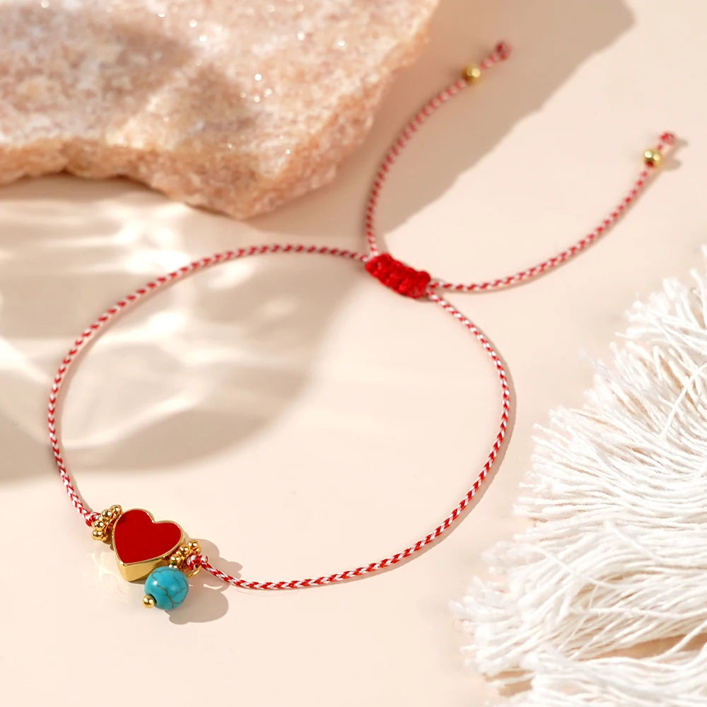 Martis Series Dainty Adjustable Bracelet with Turquoise & Metal Red Peach Heart Jewelry - A Perfect Gift for Her!