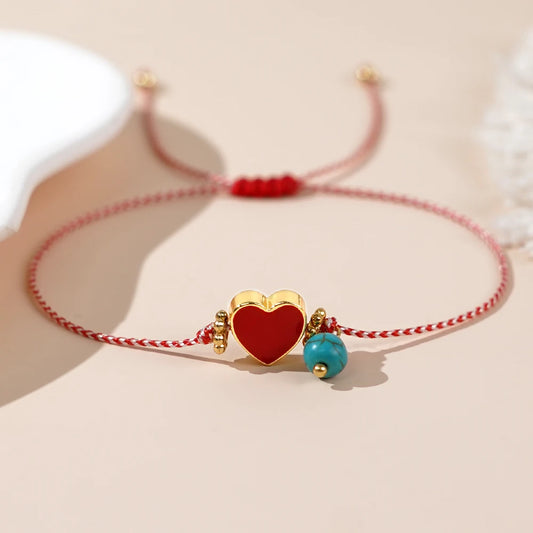 Martis Series Dainty Adjustable Bracelet with Turquoise & Metal Red Peach Heart Jewelry - A Perfect Gift for Her!