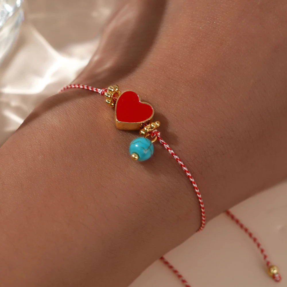 Martis Series Dainty Adjustable Bracelet with Turquoise & Metal Red Peach Heart Jewelry - A Perfect Gift for Her!