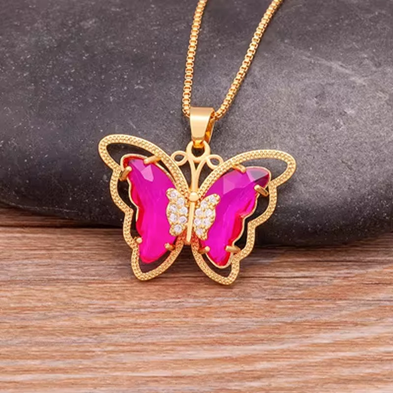 Austrian Crystal Zircon Butterfly Pendant Necklace for Women - 10 Color Options, Elegant Animal Jewelry Gift