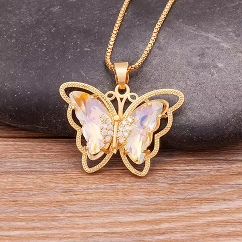 Austrian Crystal Zircon Butterfly Pendant Necklace for Women - 10 Color Options, Elegant Animal Jewelry Gift