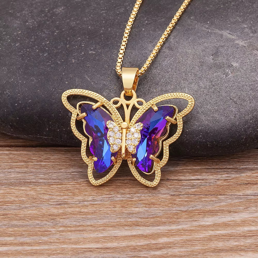 Austrian Crystal Zircon Butterfly Pendant Necklace for Women - 10 Color Options, Elegant Animal Jewelry Gift